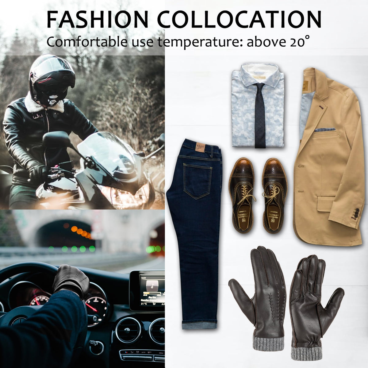 REDESS Winter Warm Genuine Leather Gloves for Men-Black