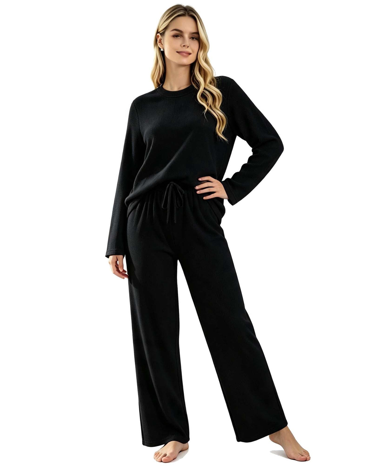 REDESS Lounge Sets for Women, 2‑Piece Crew Neck Long‑Sleeve Top & Drawstring Wide Leg Pants, Casual Matching Sleepwear Loungewear for Ladies
