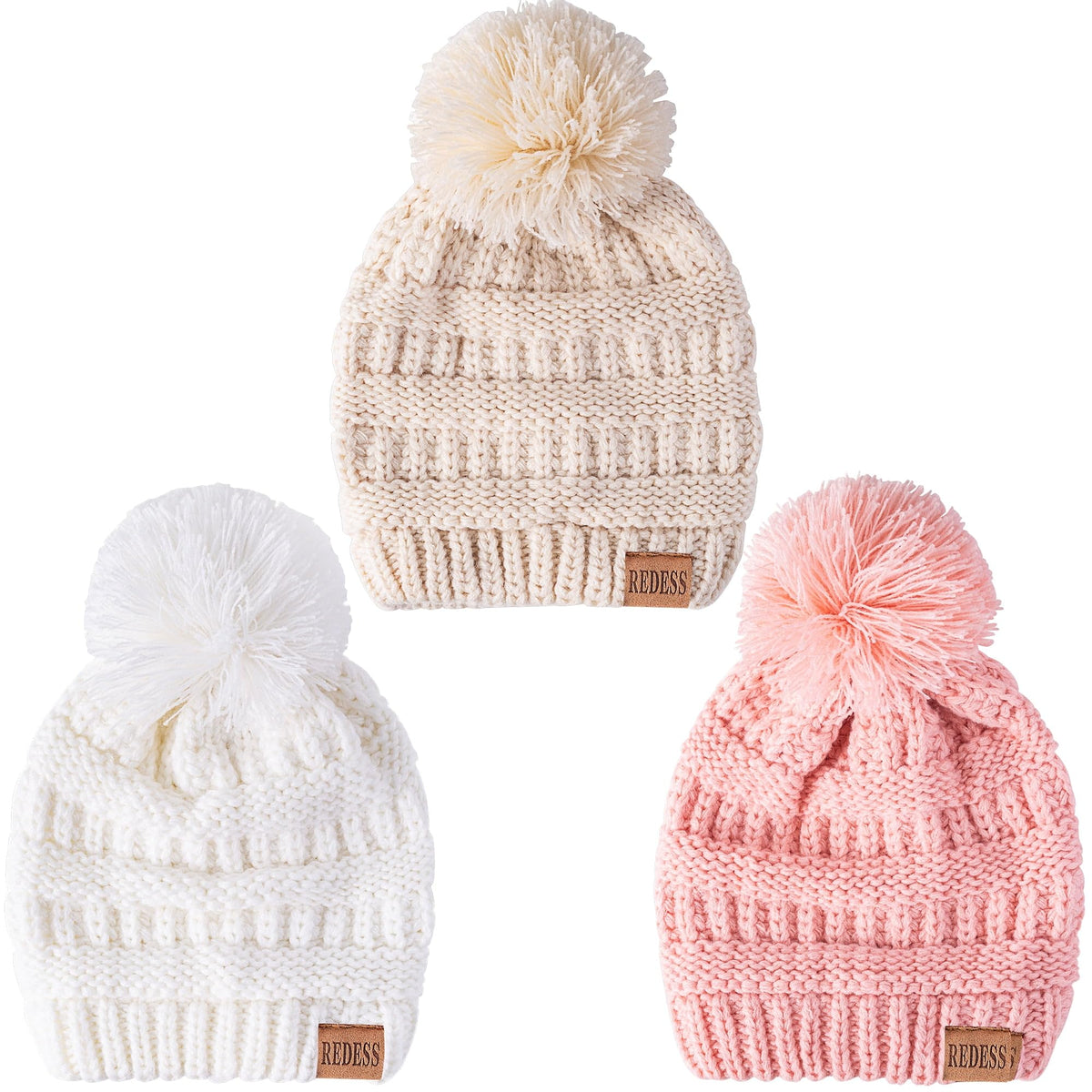 REDESS Baby Kids Winter Warm Beanie Hats, Infant Toddler Children Pom Pom Beanie Knit Cap Girls Boys-3 Pack