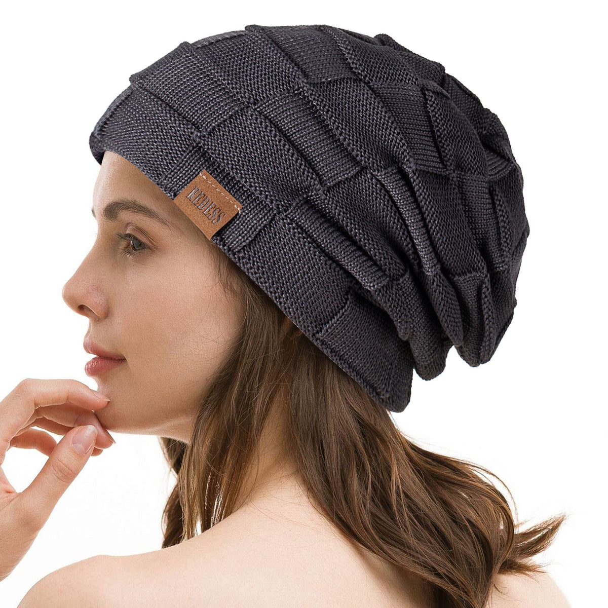 REDESS Beanie Hat for Men and Women Winter Warm Hats Knit Slouchy Thick Skull Cap-Black+Dark Gray