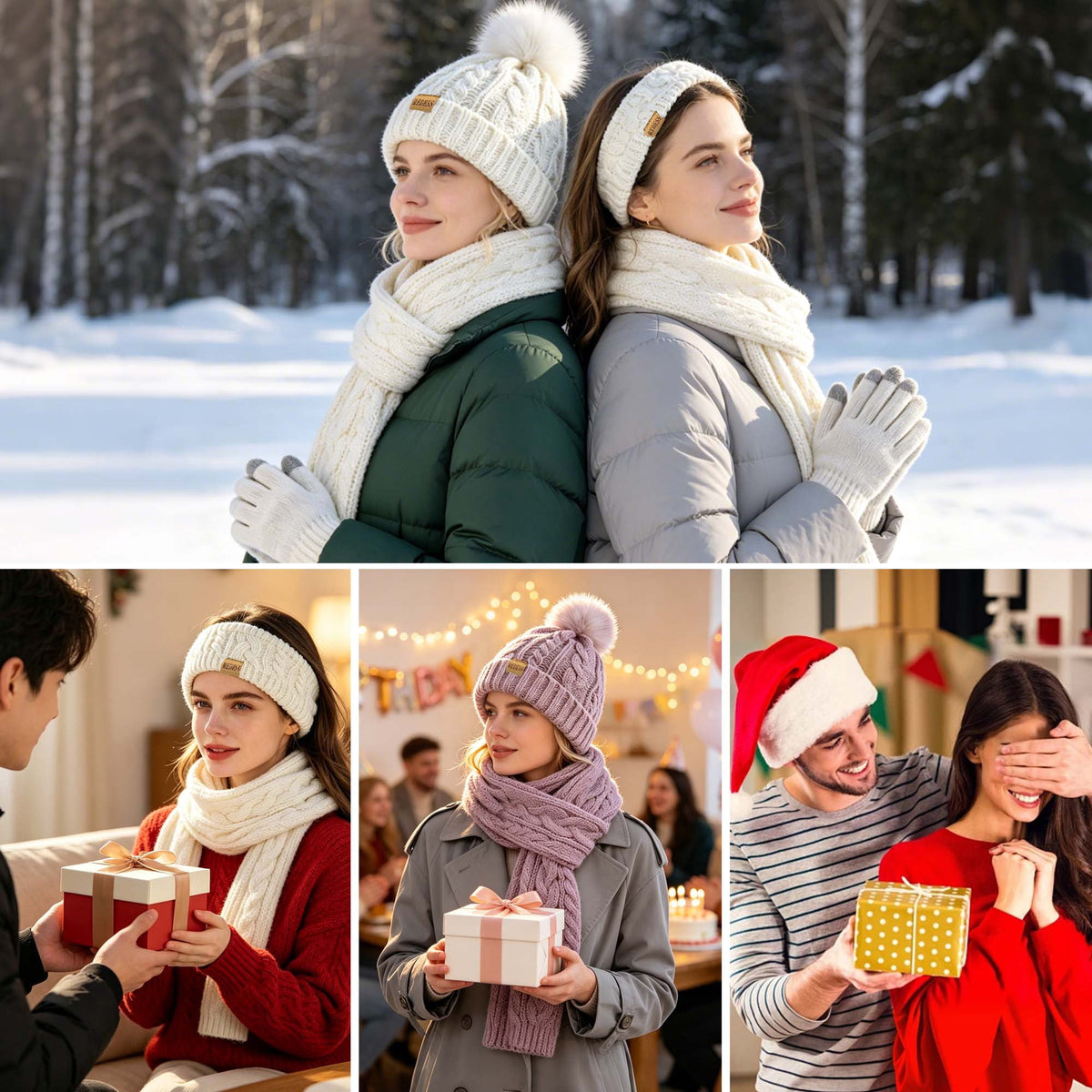 REDESS Winter Beanie Hat Scarf Gloves Headband Set Pompom Fleece Lined Warm Cap Touchscreen Gloves