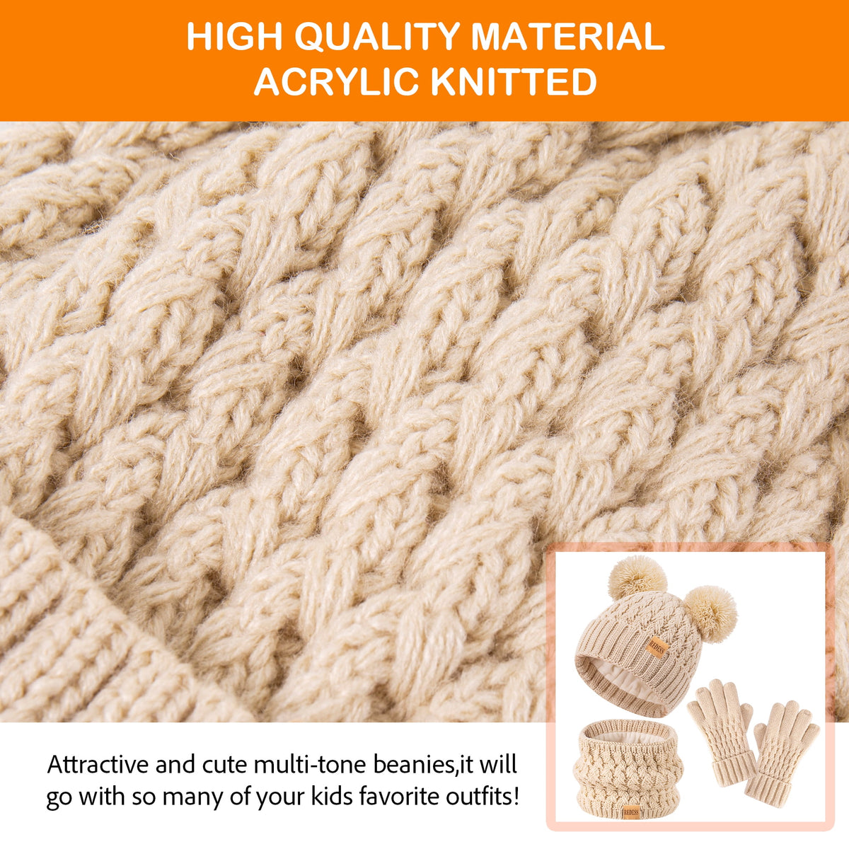 REDESS 3 Pcs Unisex Kids Winter Beanie Hat and Scarf & Glove Set for Boy and Girl 3-9 Years Old