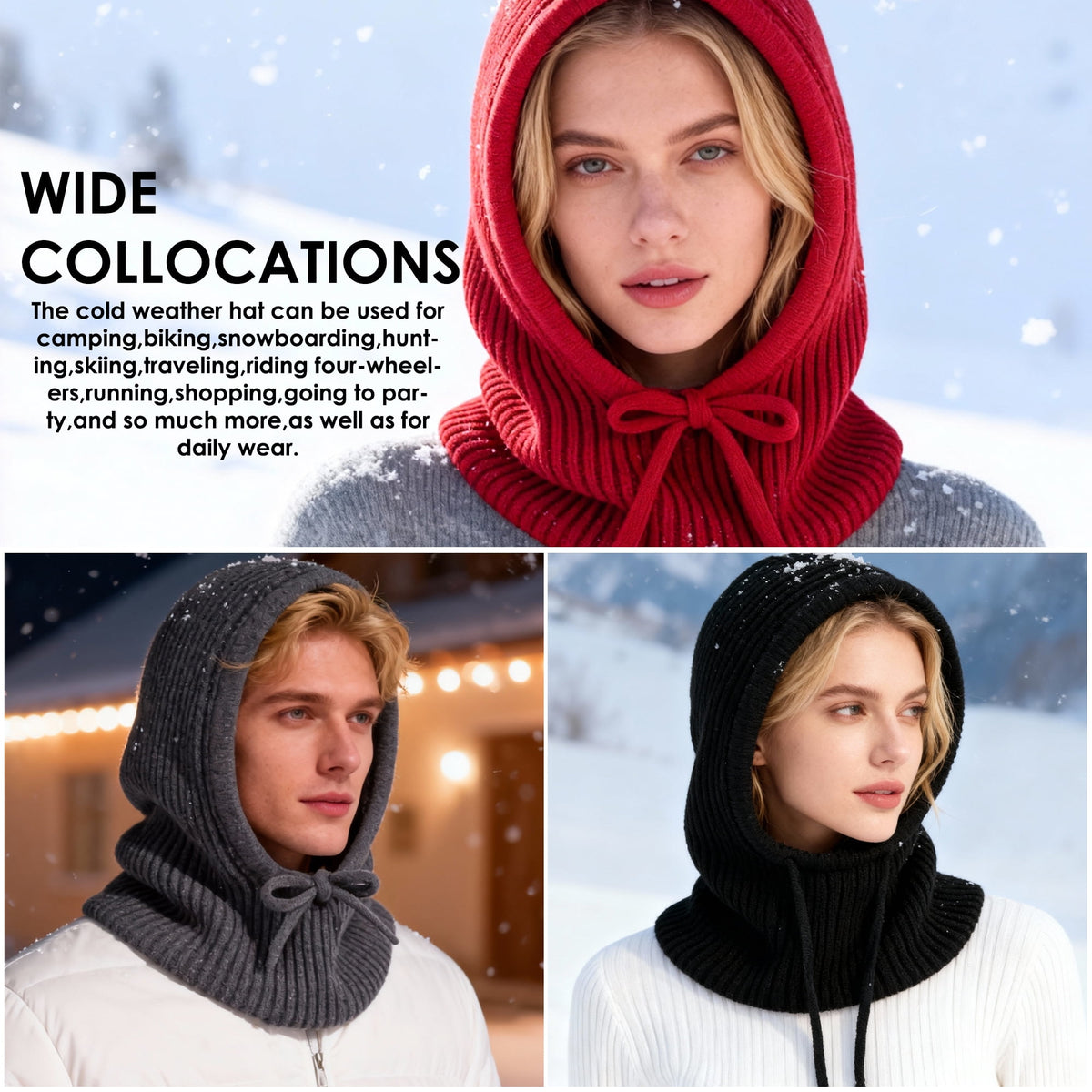REDESS Winter Beanie Hats for Women Knit Beanie with Adjustable Drawstring Warm Hooded Skull Cap,Black