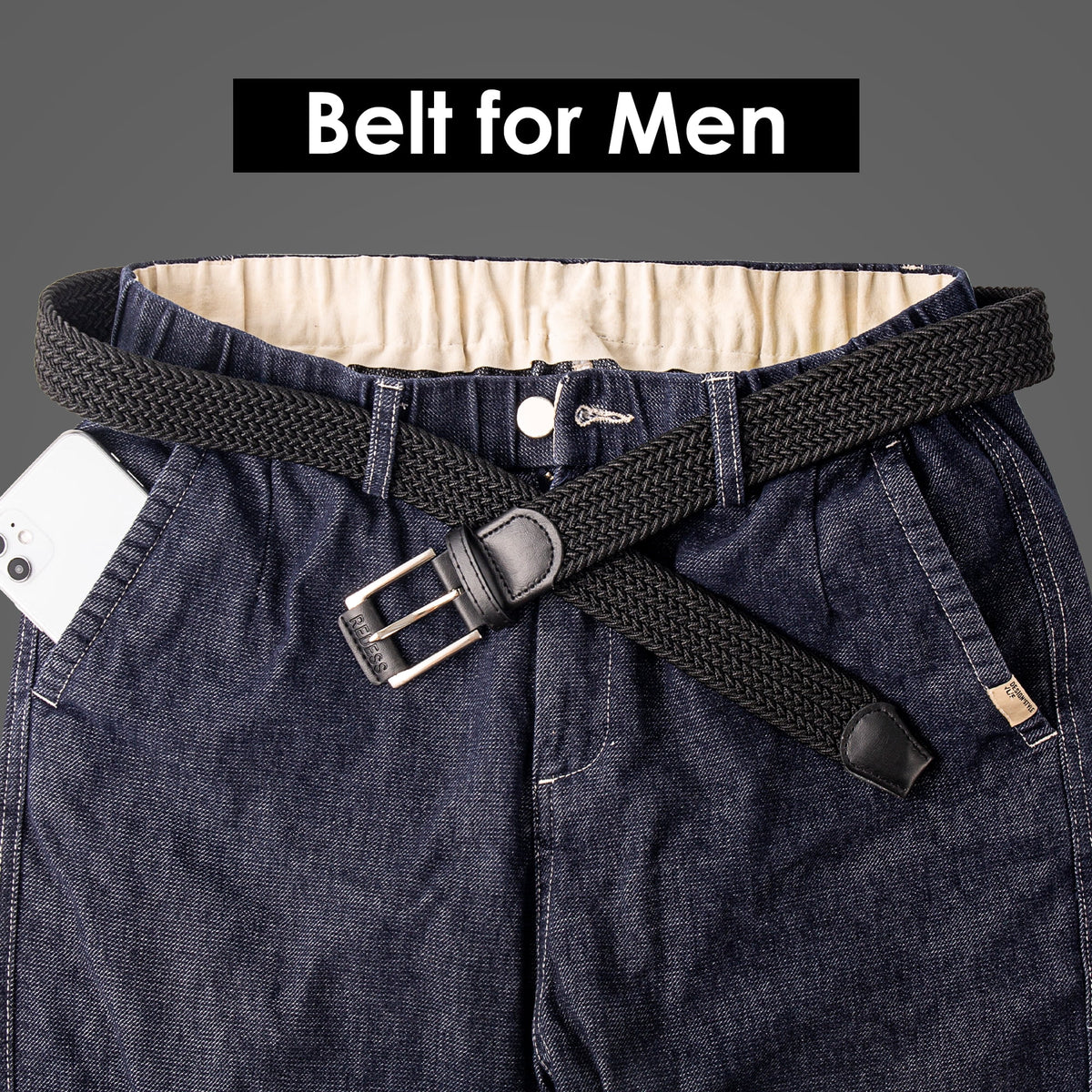 REDESS Men's Belt Braided Web Elastic Black Belt for Casual Golf Jeans,2 pack,Black+Beige