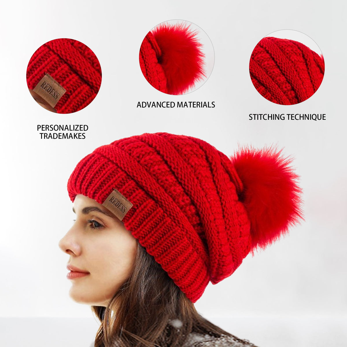 REDESS Women's Acrylic Winter Pom Pom Beanie Hat, Black, One Size