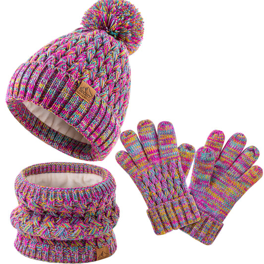 DOCVIT Kids Winter Hat Gloves Scarf Set,Girls Toddler Children Hats Beanie with Pom Knit Neck Warmer Gaiter Mittens Fleece Lined Set