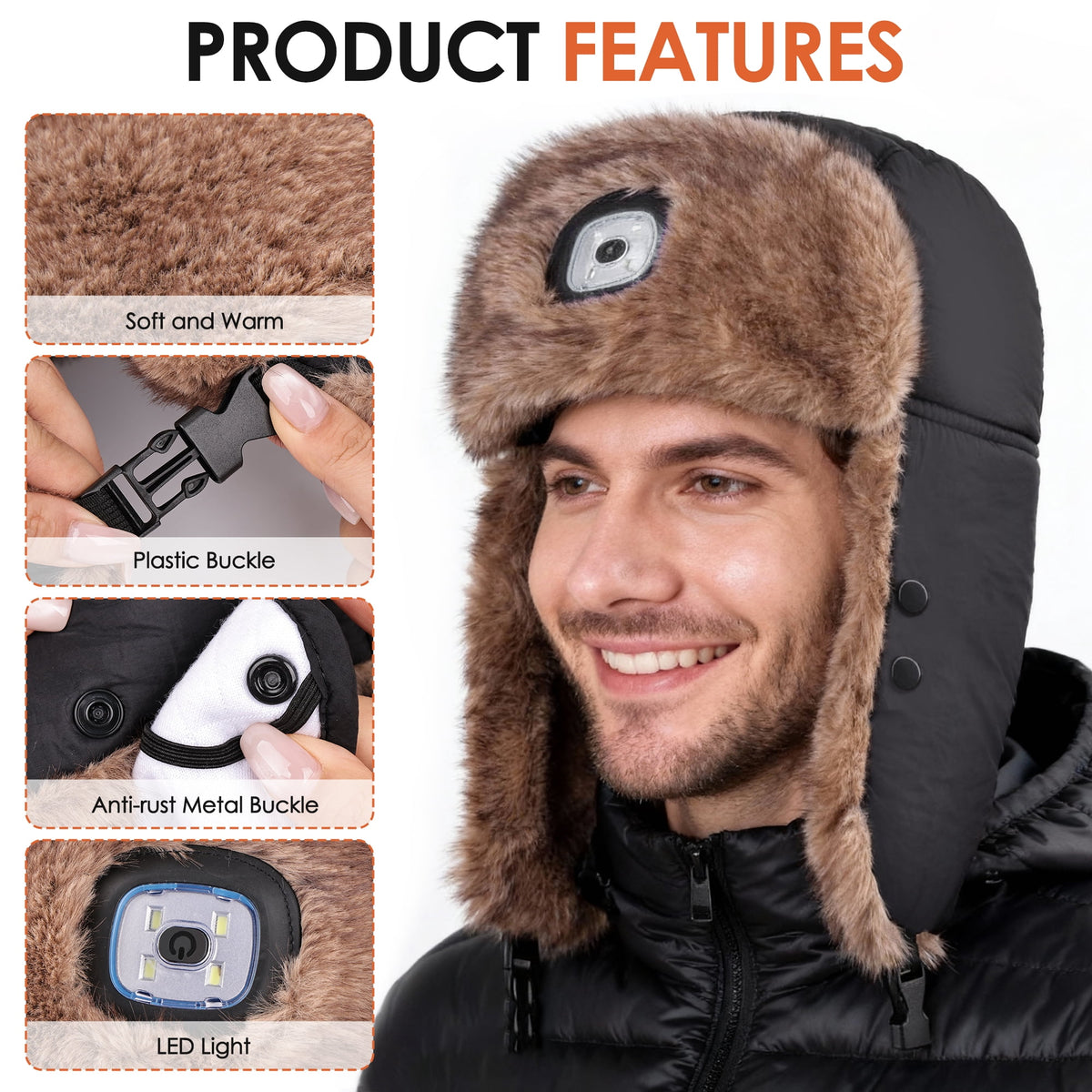 REDESS Men's Trapper Hat with Light USB Winter Warm Ear Flaps USB Rechargeable LED Trapper Hat for Men and Women