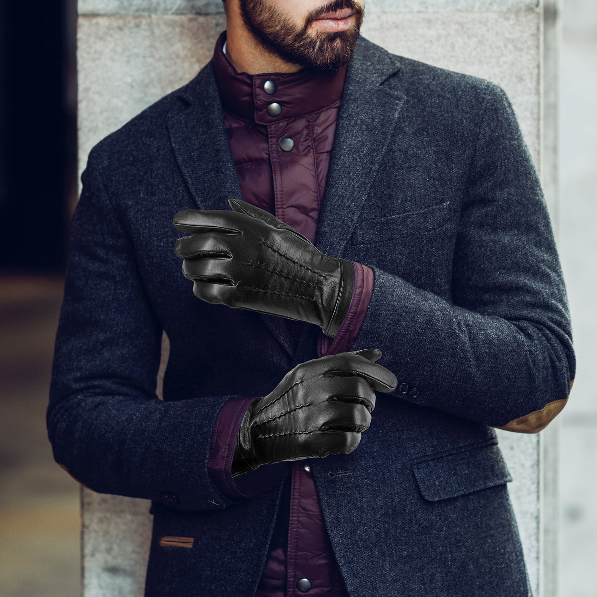 REDESS Genuine Leather Black Gloves for Men, Soft Winter Warm Touch Screen Gloves for Motorcycle Driving