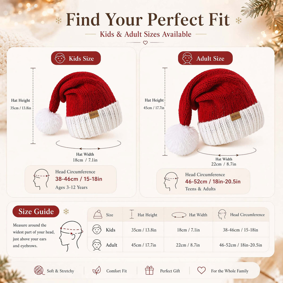 REDESS Santa Hat, Knitted Christmas Red Santa Hat with Pom Pom, Soft Stretchy Holiday Beanie Hat for Adult
