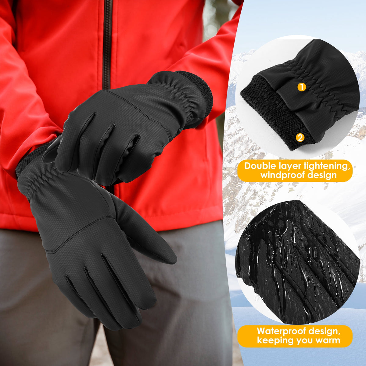 REDESS Men's and Women's Winter Gloves Waterproof Warm for Ski Driving Running Black