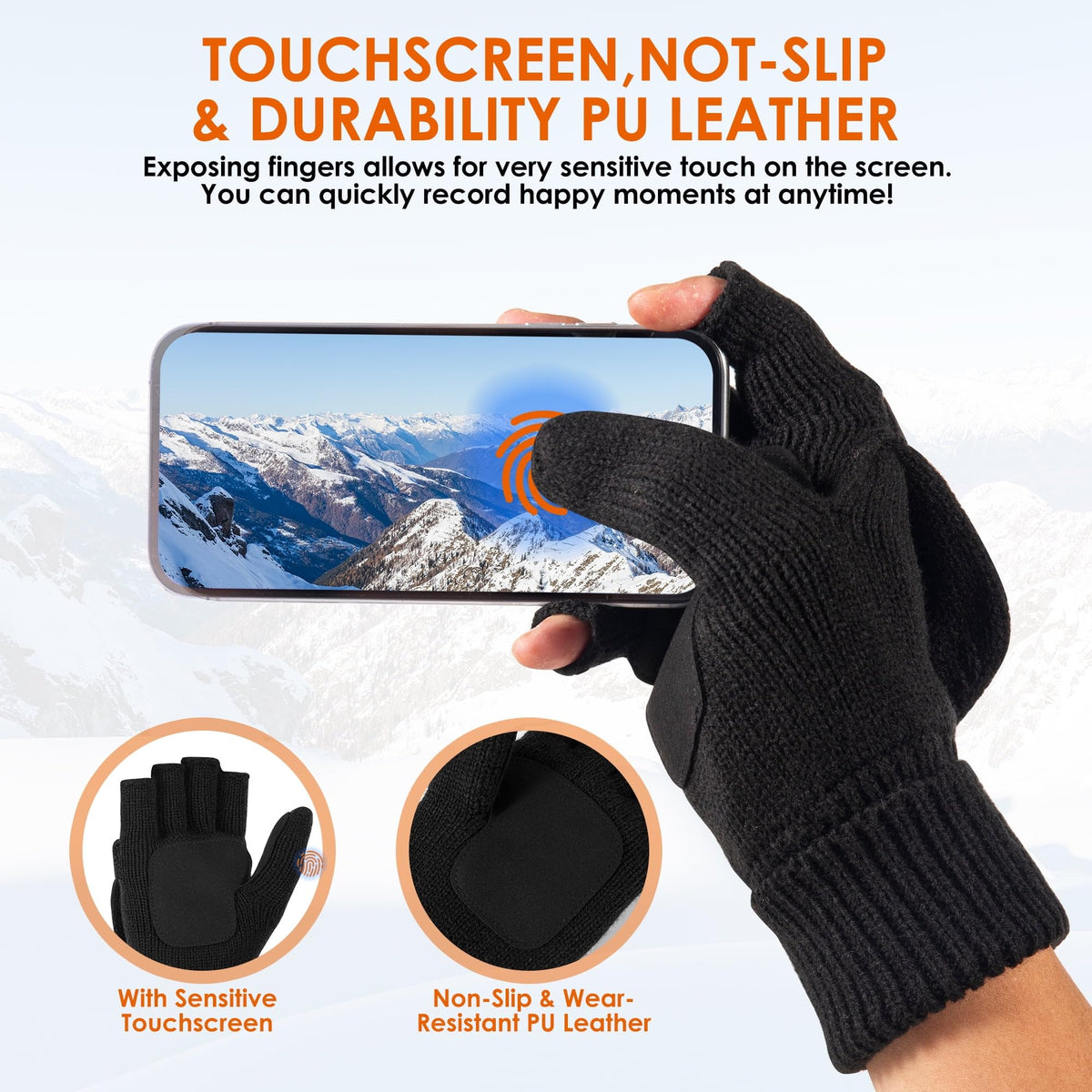 REDESS Winter Mittens Fingerless Gloves for Women and Men Knitted Convertible Gloves,Beige