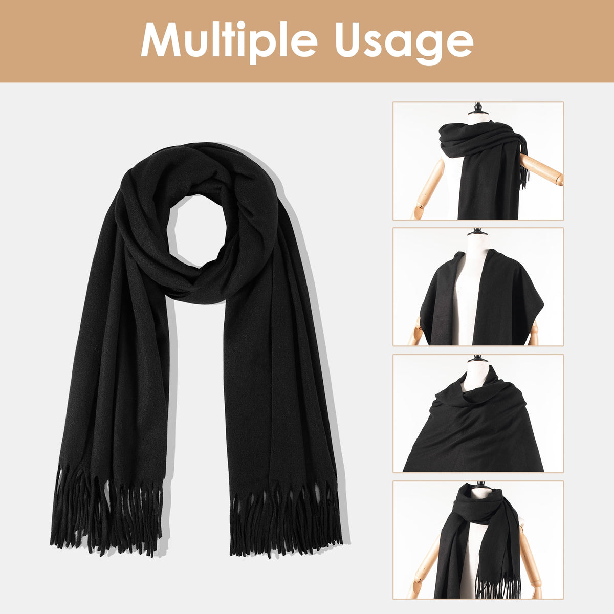 REDESS Pashmina Shawl for Women, Winter Warm Soft Solid Tassel Scarf  for Women and Men, Black