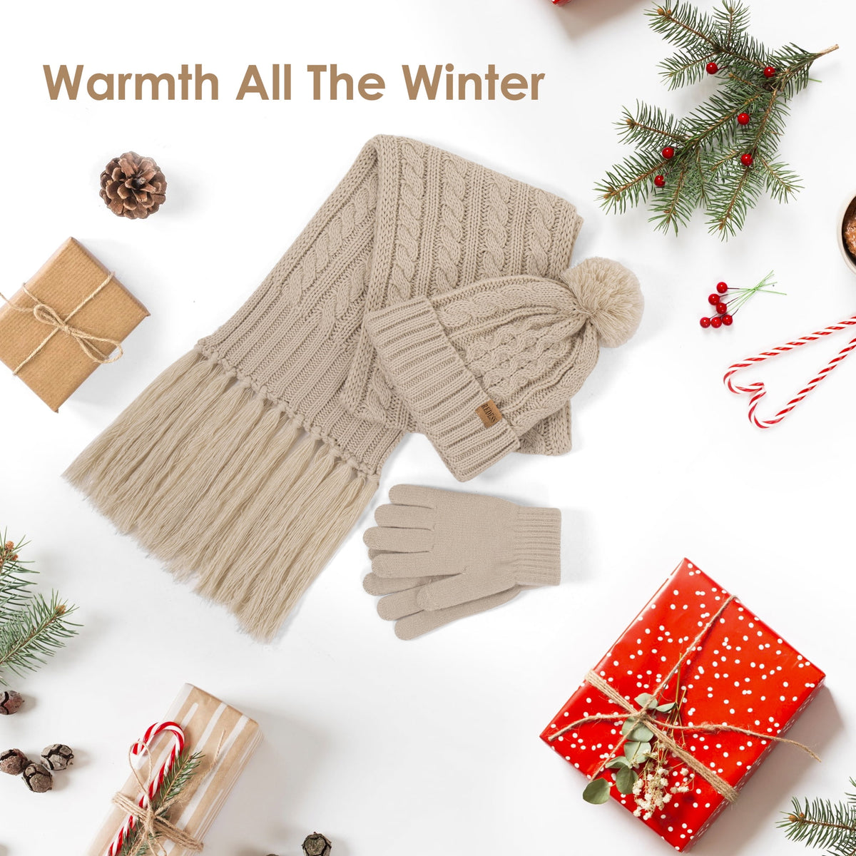 REDESS Womens Winter Hats Beanie Scarf &Gloves Sets for Women-Oat