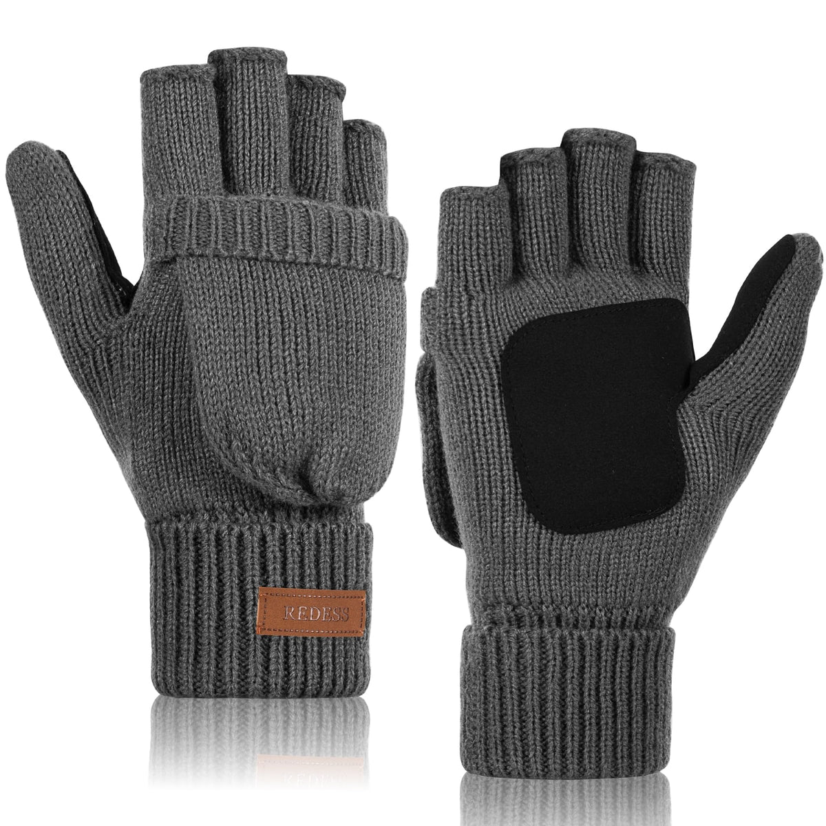 REDESS Winter Mittens Fingerless Gloves for Women and Men Knitted Convertible Gloves,Beige