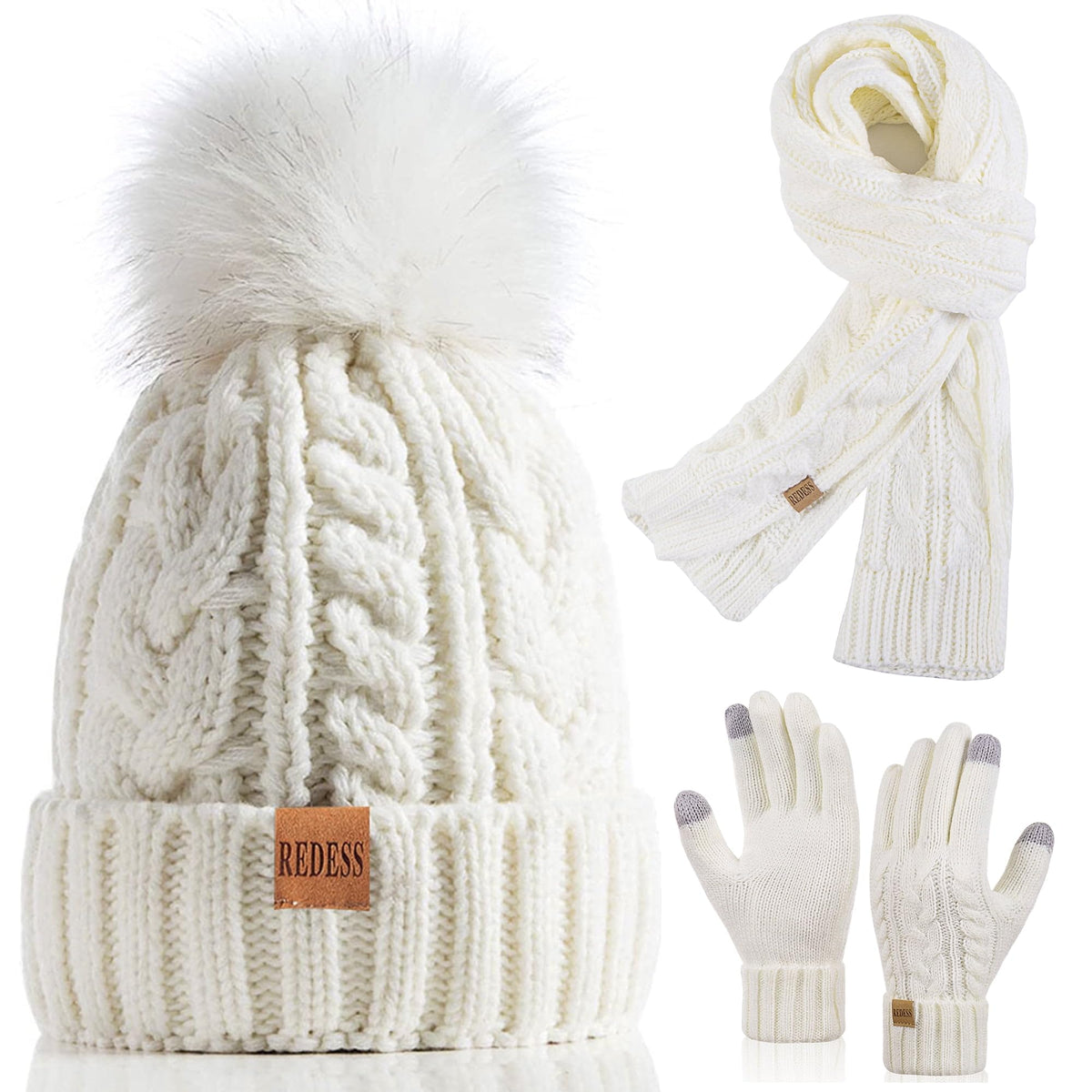 REDESS Winter Beanie Hat Scarf Gloves Set for Women, Fleece Lined Winter Hat with Pom Pom, Long Knit Scarf Touchscreen Gloves for Cold Weather