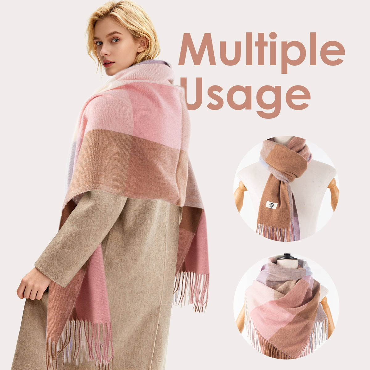 REDESS Scarves for Women Winter Soft Long Tassel Plaid Pattern Pashmina Scarves for Adult Unisex,Pink