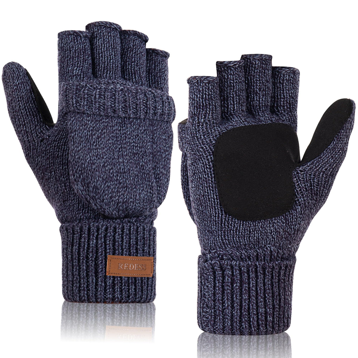 REDESS Winter Mittens Fingerless Gloves for Women and Men Knitted Convertible Gloves,Beige