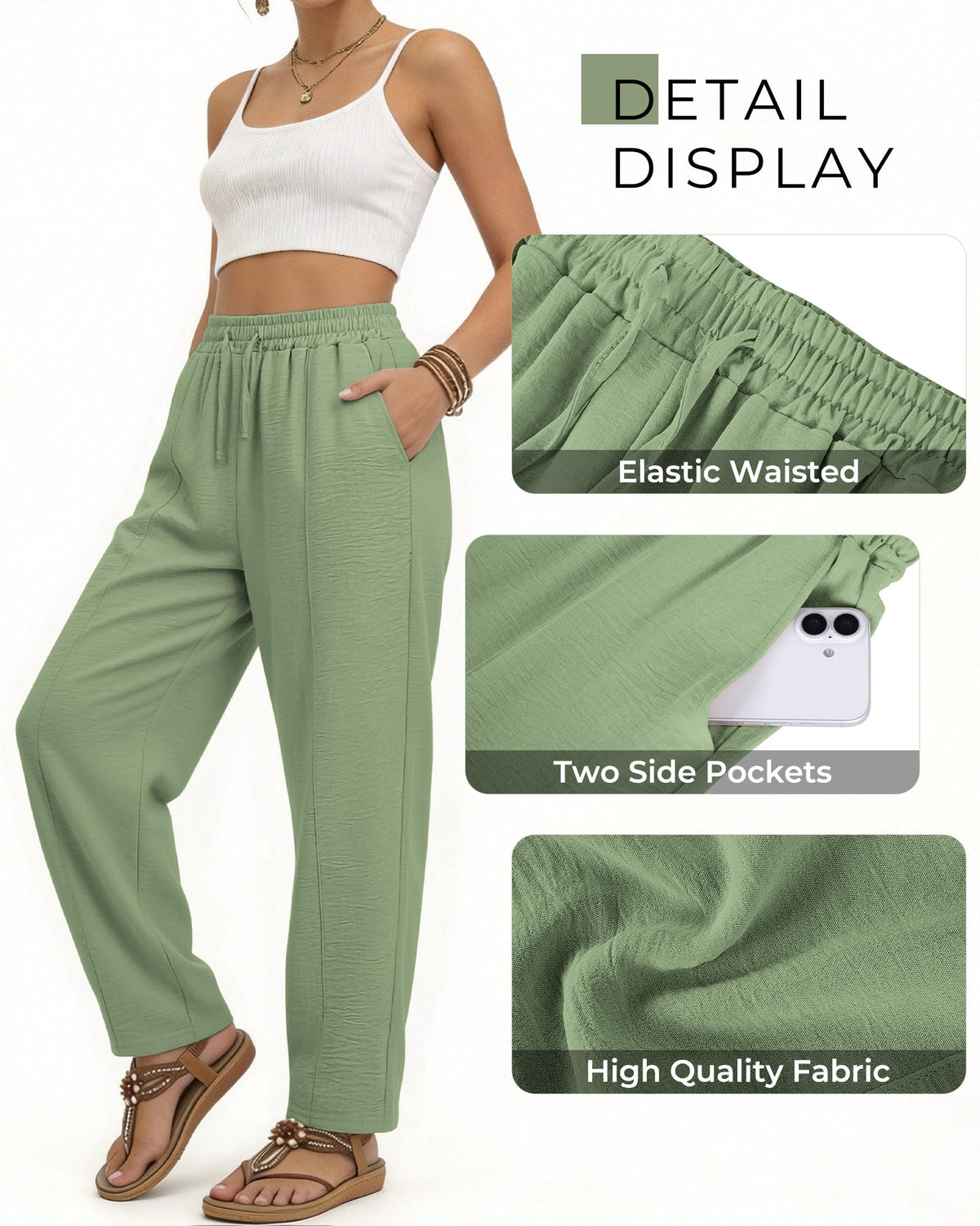 REDESS Pants for Women Wide Leg Khaki Linen Pants Summer Casual Flowy Pants with Pocket,XS-XL