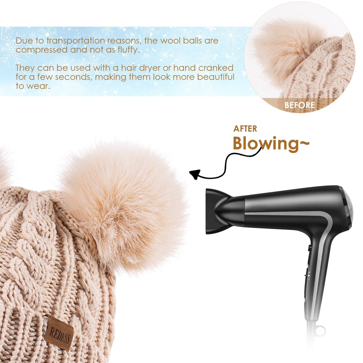 REDESS Women's Winter Beanie Hat with Two Pompoms and Warm Fleece Lining-Black