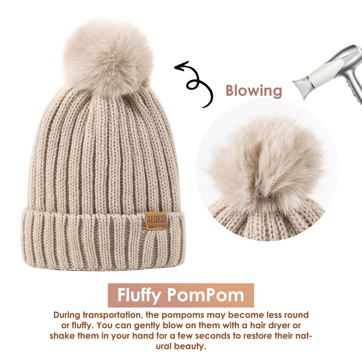 REDESS Womens Beanie Hat Scarf Gloves Set, Fleece Lined Winter Hat Long Knit Scarf Touchscreen Gloves for Cold Weather