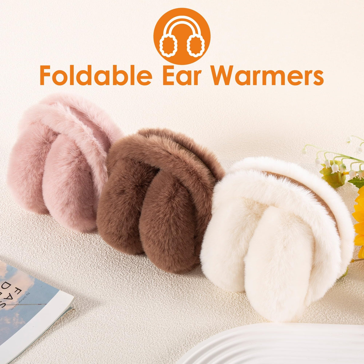 REDESS Women's Winter Warm Earmuffs Girls Faux Fur Cute Foldable Ear Warmers,Black