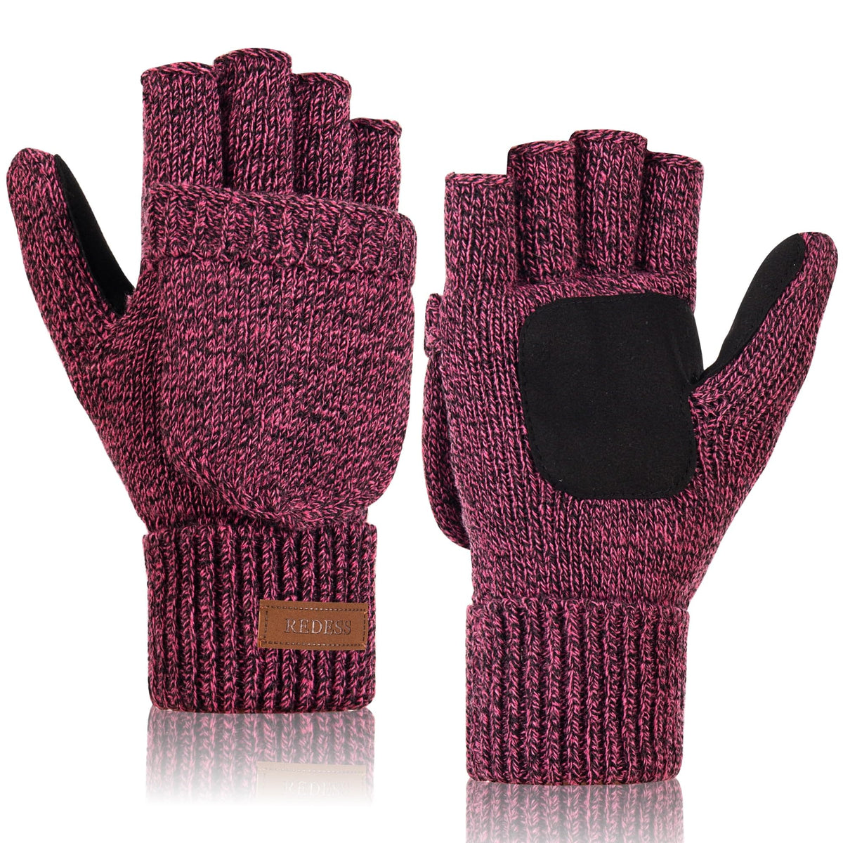 REDESS Winter Mittens Fingerless Gloves for Women and Men Knitted Convertible Gloves,Beige