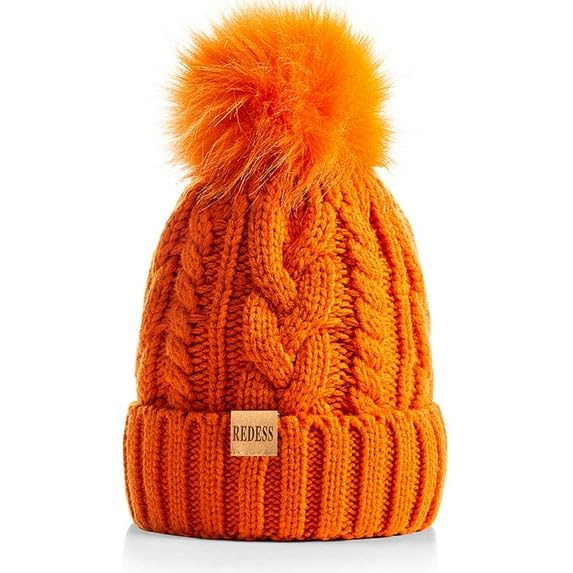 REDESS Women Winter Pompom Beanie Hat with Warm Fleece Lined, Thick Slouchy Knit Skull Ski Cap