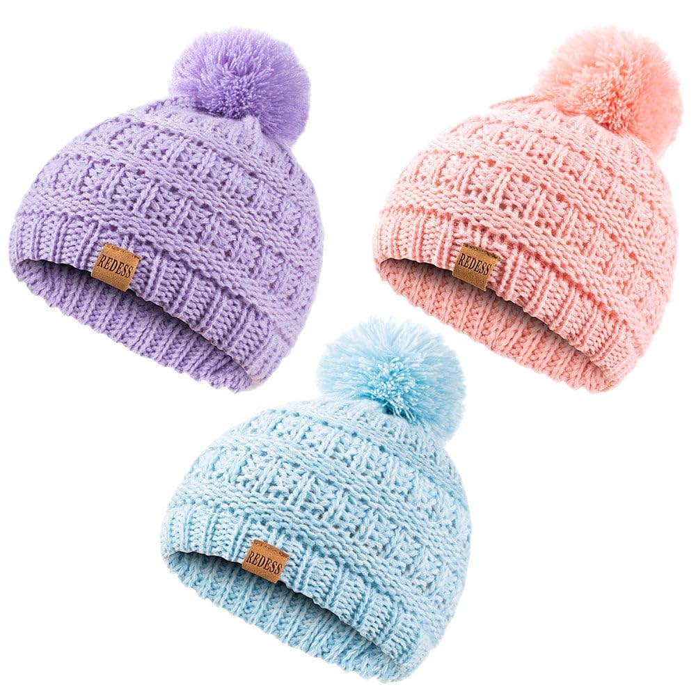 REDESS Baby Kids Winter Warm Beanie Hats, Infant Toddler Children Pom Pom Beanie Knit Cap Girls Boys-3 Pack