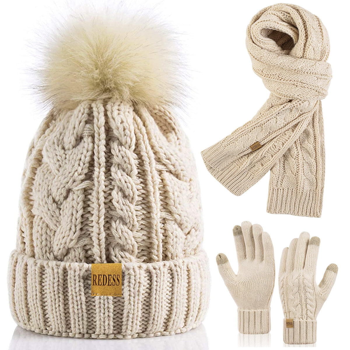 REDESS Winter Beanie Hat Scarf Gloves Set for Women, Fleece Lined Winter Hat with Pom Pom, Long Knit Scarf Touchscreen Gloves for Cold Weather