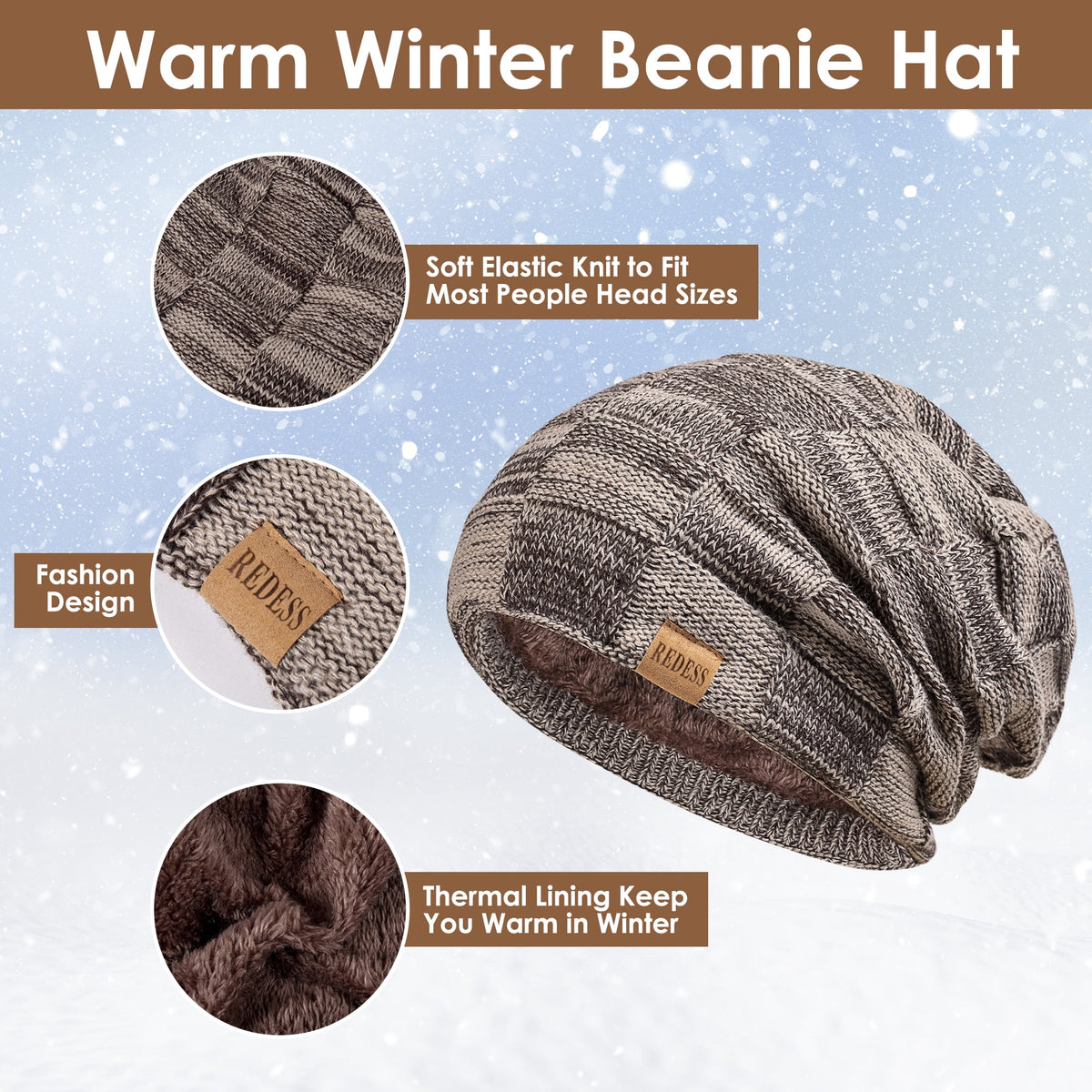 REDESS Men's Winter Beanie Hat Scarf & Glove Sets for Adult,Knit Slouchy Thick Skull Hats and Glove Set-Beige