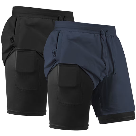 REDESS Men's Shorts with compression liner Athletic Running Workout Gym Activewear Basketball Shorts for Men,Navy Blue,2 Pcs