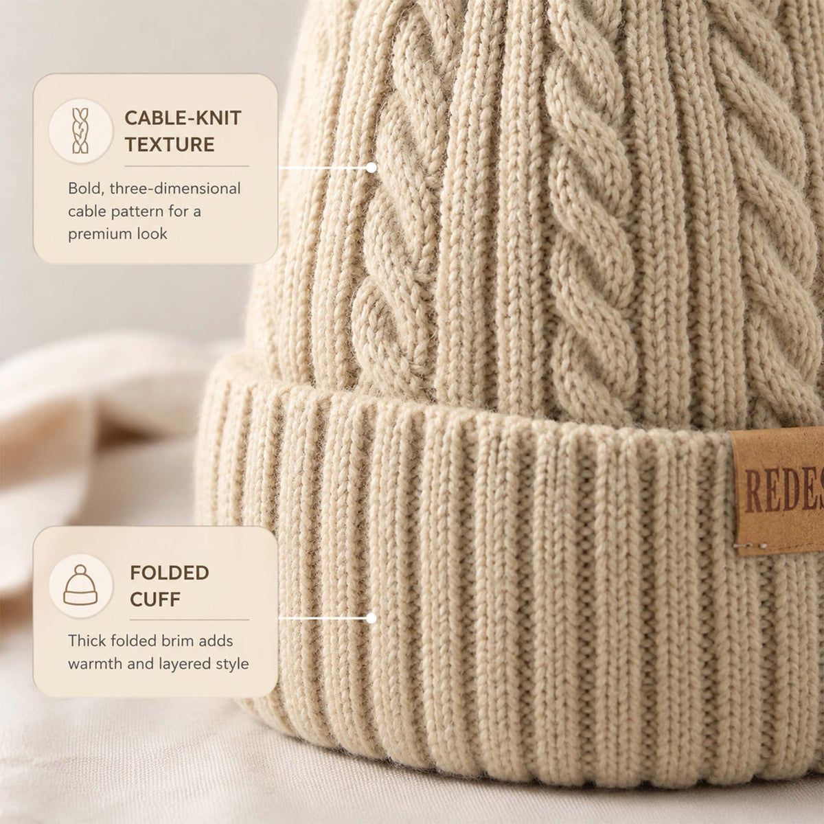 REDESS Womens Winter Hat, Fleece Lined Cable Knit Beanie Hat for Women 2 Pack