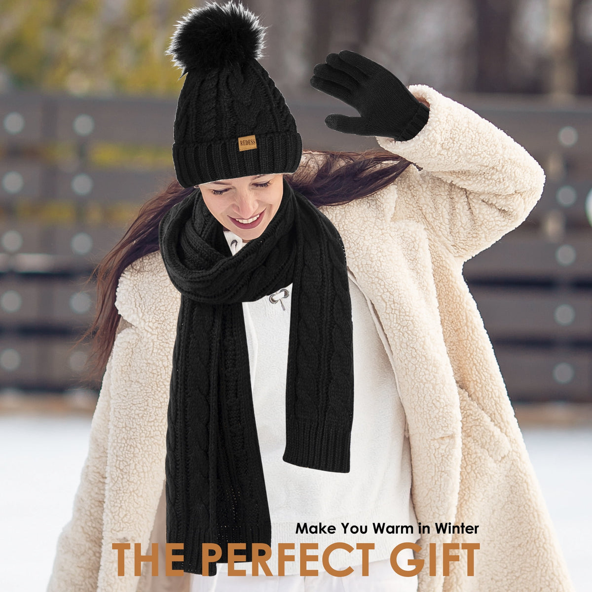 REDESS Winter Beanie Hat Scarf Gloves Set for Women, Fleece Lined Winter Hat with Pom Pom, Long Knit Scarf Touchscreen Gloves for Cold Weather