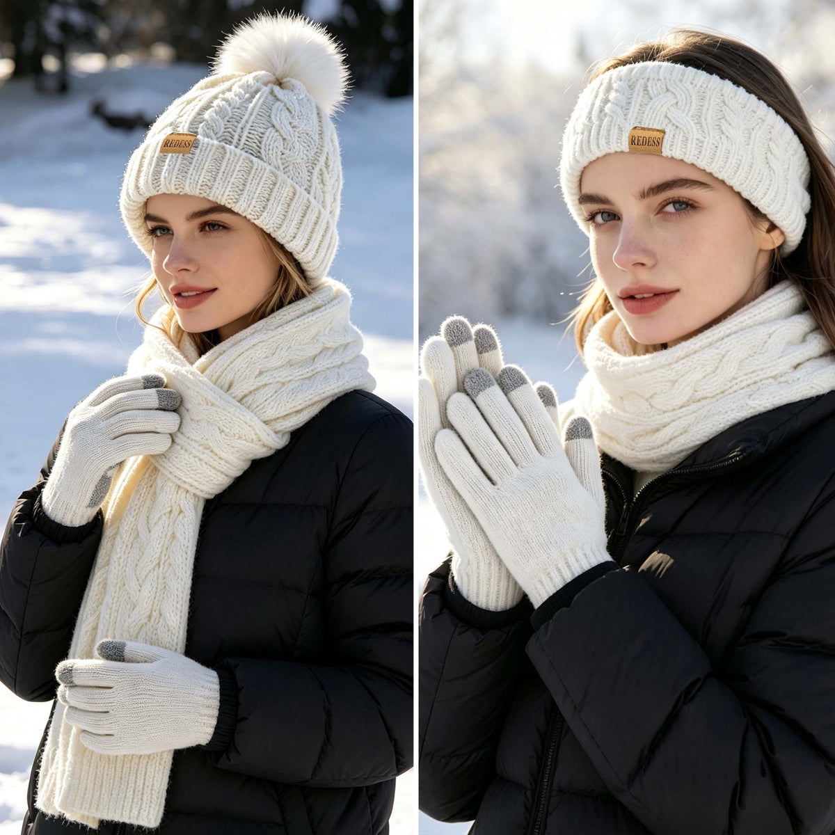 REDESS Winter Beanie Hat Scarf Gloves Headband Set Pompom Fleece Lined Warm Cap Touchscreen Gloves