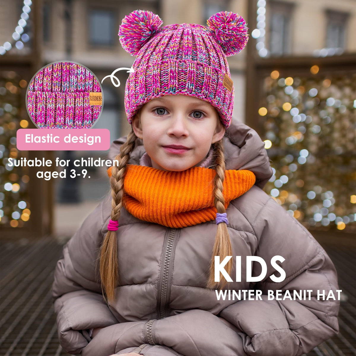REDESS Winter Beanie Hats for Kids with Warm Fleece Lined, Children's Knit Hat for Boys Girls 5-9 Years Old