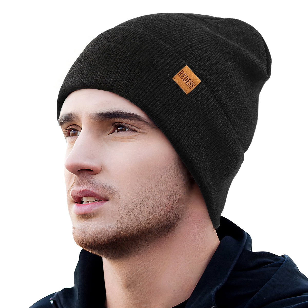 REDESS 2 Pack Warm Winter Knit Cuffed Beanie Hat for Men and Women,Black+Black
