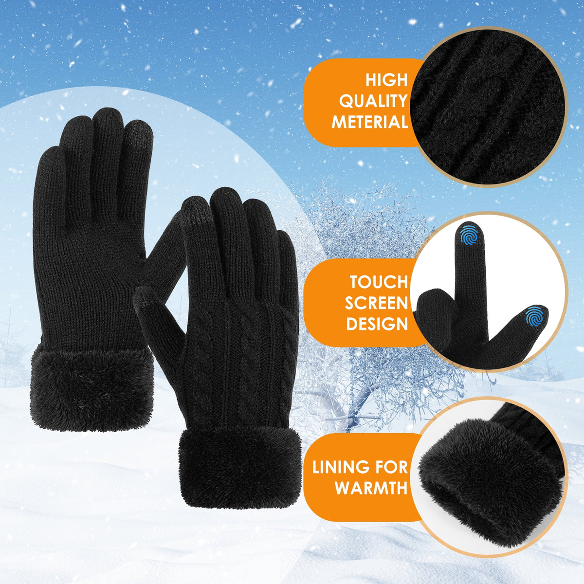 REDESS Women's Thermal Winter Gloves with Fleece Lining & Touch Screen,Black