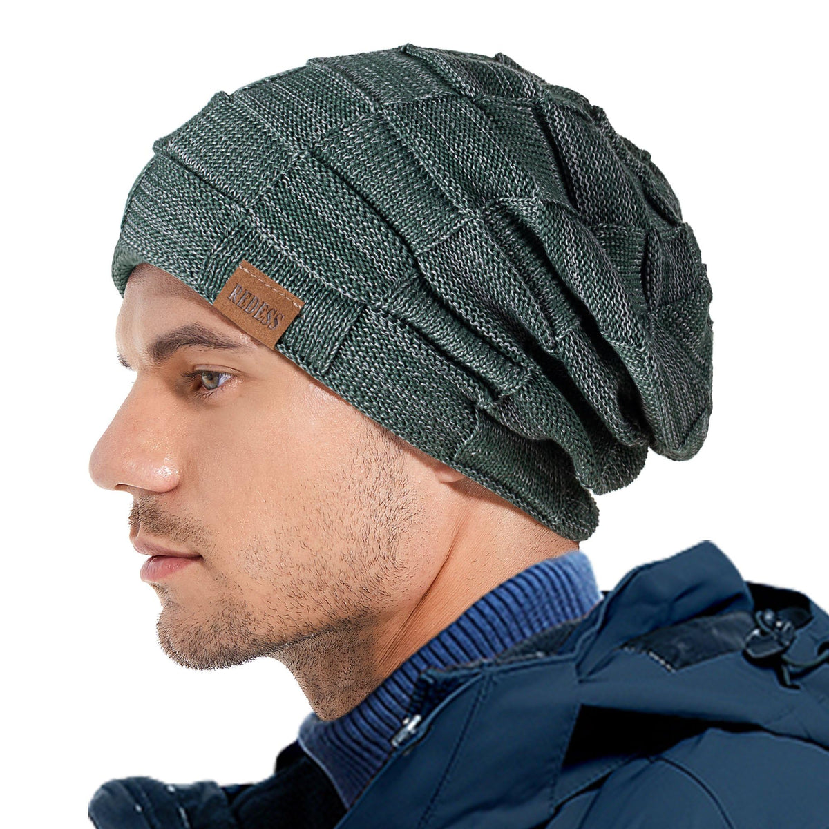 REDESS Beanie Hat for Men and Women Winter Warm Hats Knit Slouchy Thick Skull Cap with Face Cover-Black