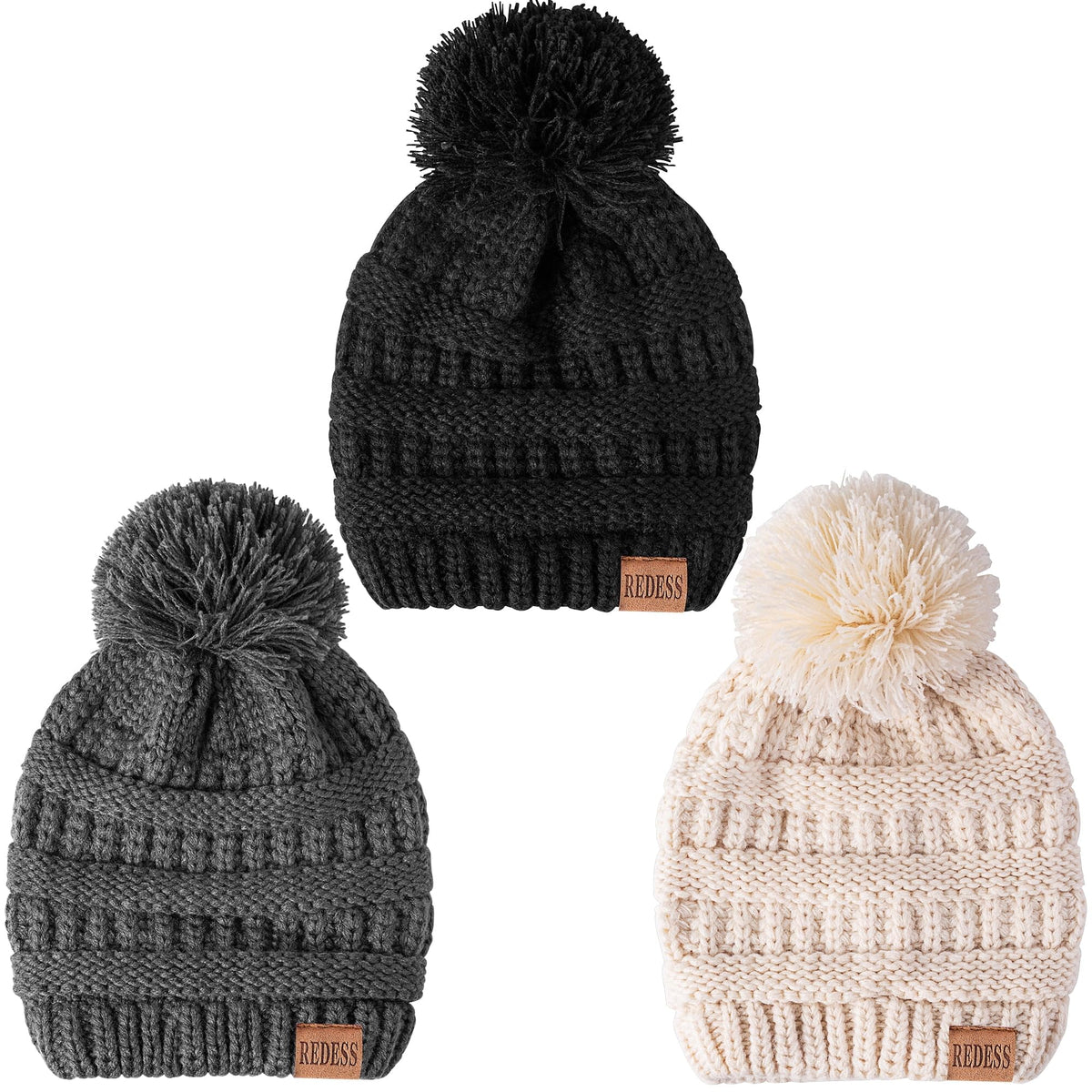 REDESS Baby Kids Winter Warm Beanie Hats, Infant Toddler Children Pom Pom Beanie Knit Cap Girls Boys-3 Pack