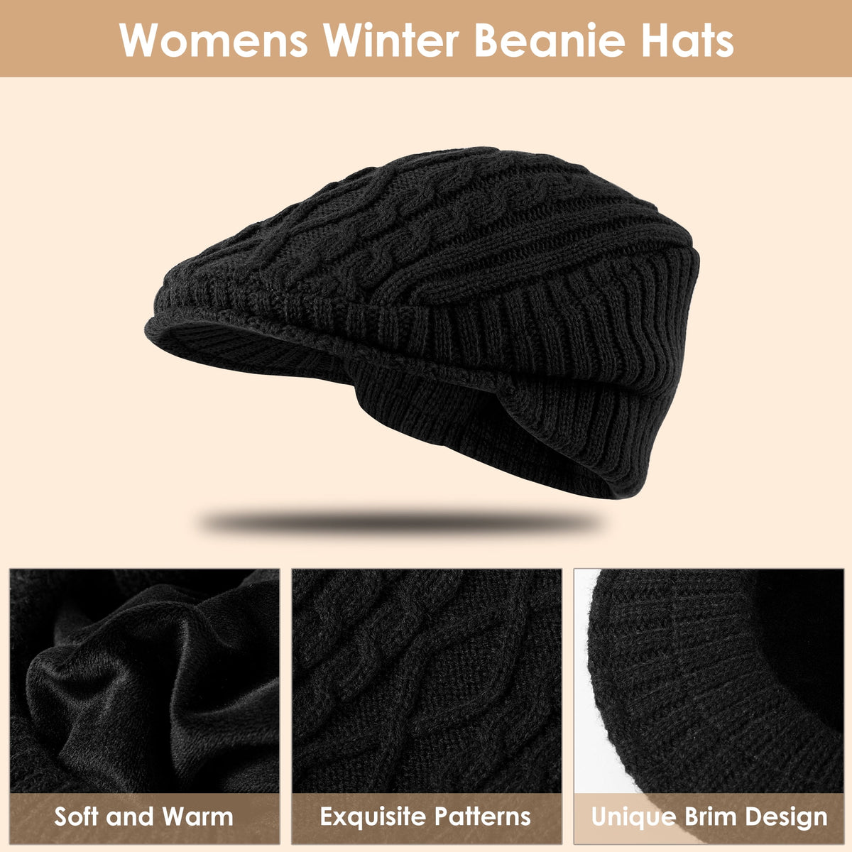 REDESS Winter Beanies Hat for Women,Knit Brimmer Hat Slouchy Beanie Cap with Visor Black