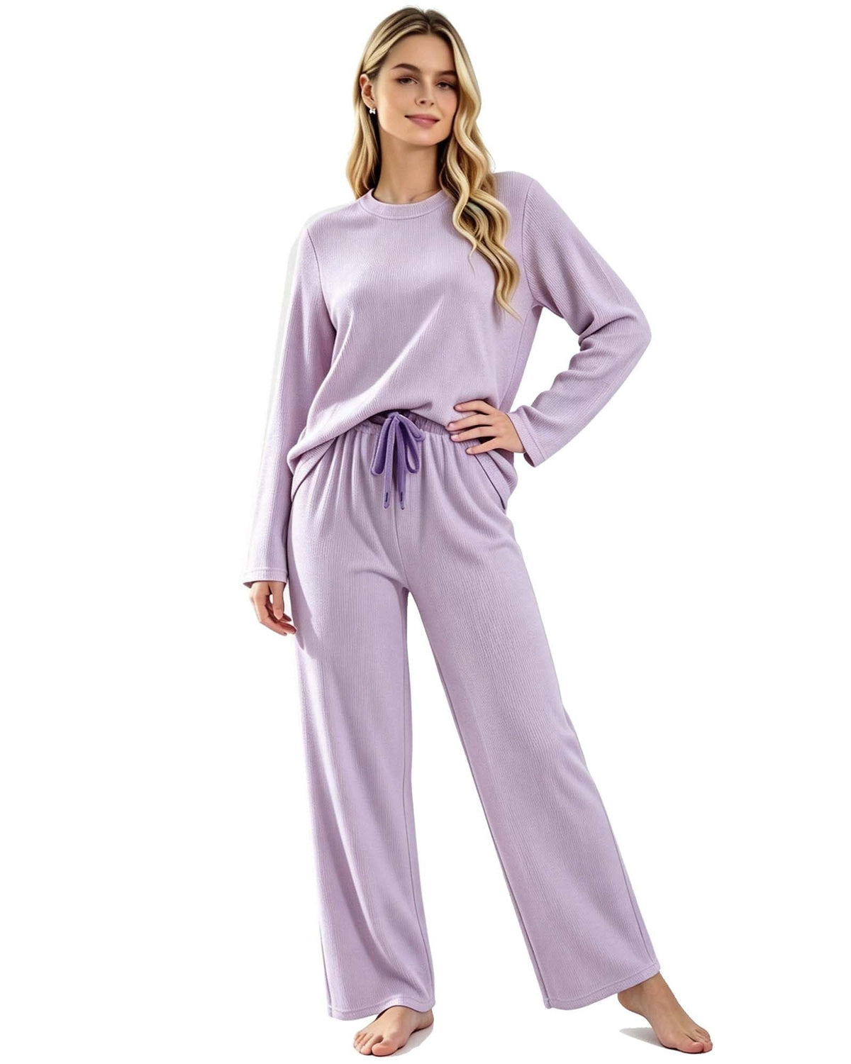 REDESS Lounge Sets for Women, 2‑Piece Crew Neck Long‑Sleeve Top & Drawstring Wide Leg Pants, Casual Matching Sleepwear Loungewear for Ladies