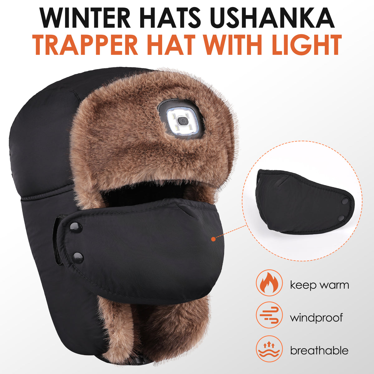 REDESS Men's Trapper Hat with Light USB Winter Warm Ear Flaps USB Rechargeable LED Trapper Hat for Men and Women