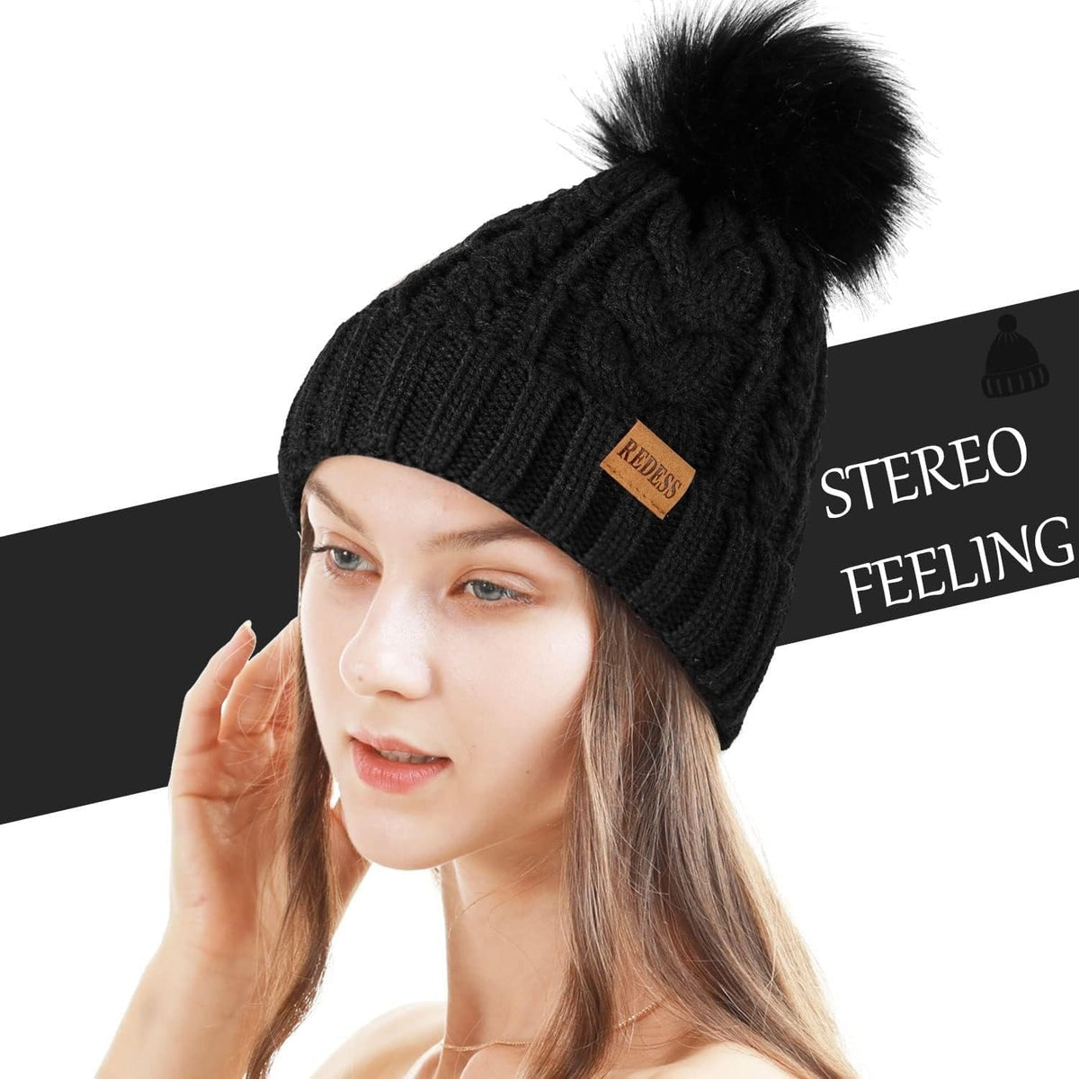 REDESS Women Winter Pompom Beanie Hat with Warm Fleece Lined, Thick Slouchy Knit Skull Ski Cap