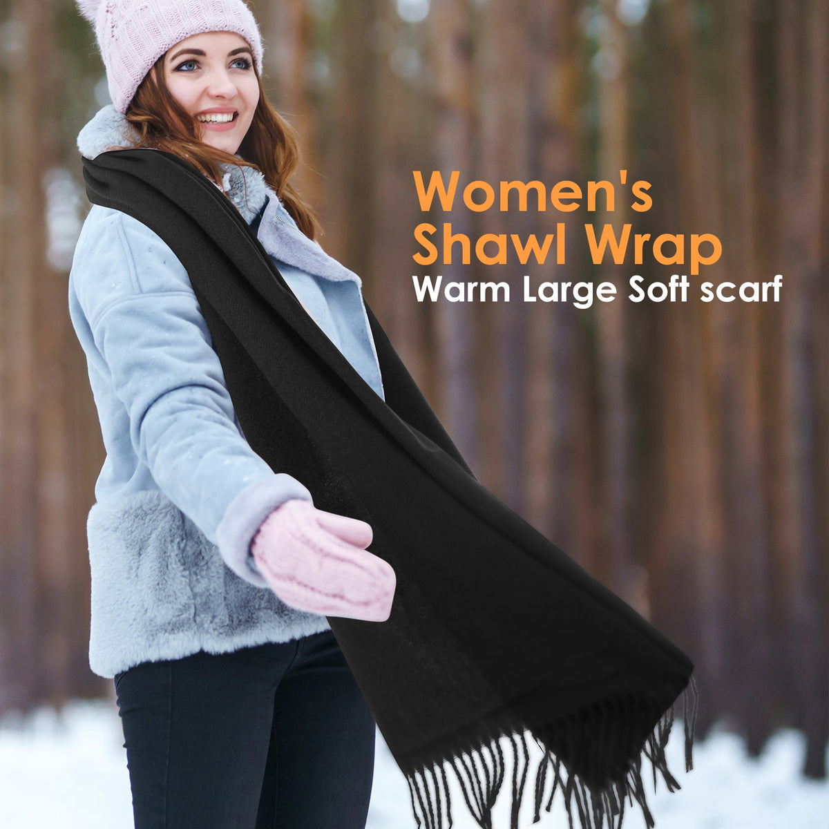 REDESS Women's Scarf,Winter Warm Soft Solid Color Pattern Tassel Shawl Wrap,Black