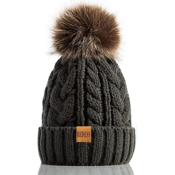 REDESS Women Winter Pompom Beanie Hat with Warm Fleece Lined, Thick Slouchy Knit Skull Ski Cap