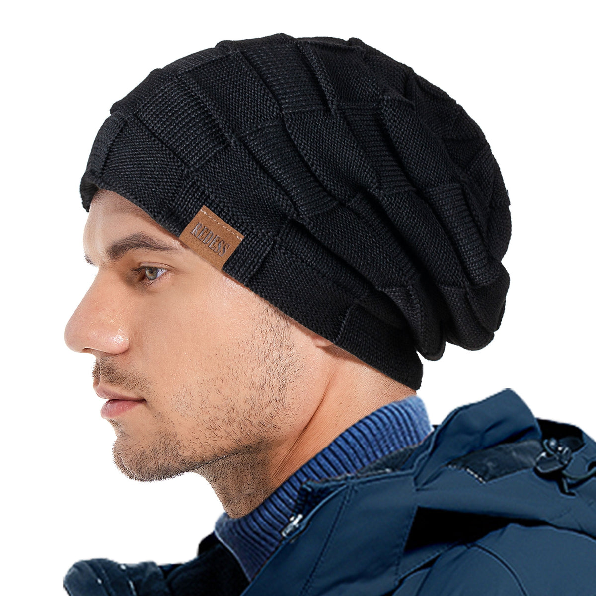 REDESS Beanie Hat for Men and Women Winter Warm Hats Knit Slouchy Thick Skull Cap-Black+Dark Gray