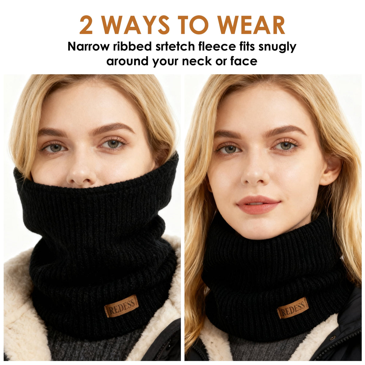 REDESS Winter Neck Gaiter Balaclava Warmer Face Ski Mask for Men and Women,Black, 2 Pack