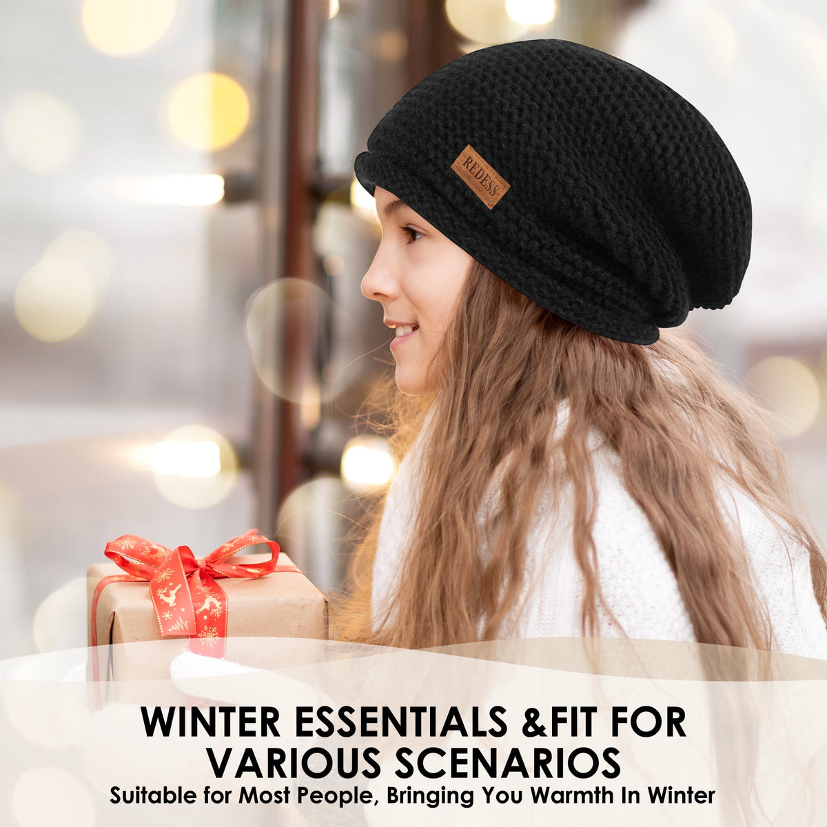 REDESS Slouchy Black Beanie Hat for Women and Men, Winter Warm Thick Skull Cap