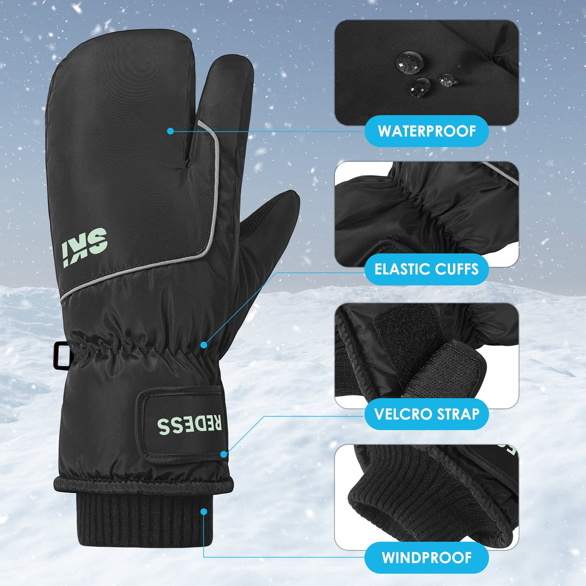 REDESS Winter Ski Gloves for Men & Women, Touch Screen Waterproof Windproof Thermal Insulated Winter Snow 3?Finger Mittens, S?XL