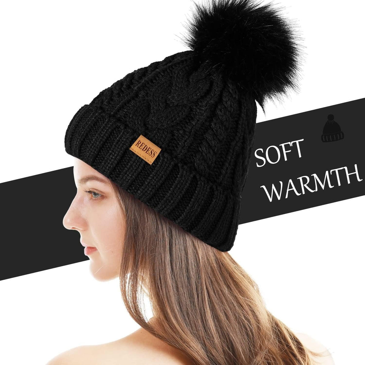REDESS Women Winter Pompom Beanie Hat with Warm Fleece Lined, Thick Slouchy Knit Skull Ski Cap